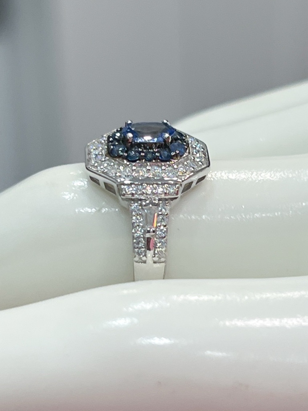 Ceylon Blue Sapphire &Moissanite Sterling Silver Double Halo Ring Sz 8 - Picture 10 of 12